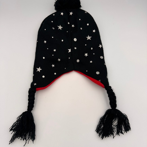 Kids Girls Disney Minnie Mouse Winter Beanie Hat Black Red Stars Pom Pom Braids - Picture 7 of 9